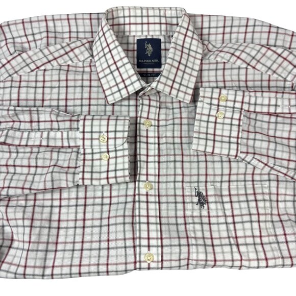 U.S. Polo Assn. Men’s Size 16 -16.5 34/35 Button Down Shirt White Burgundy Plaid - Picture 1 of 9